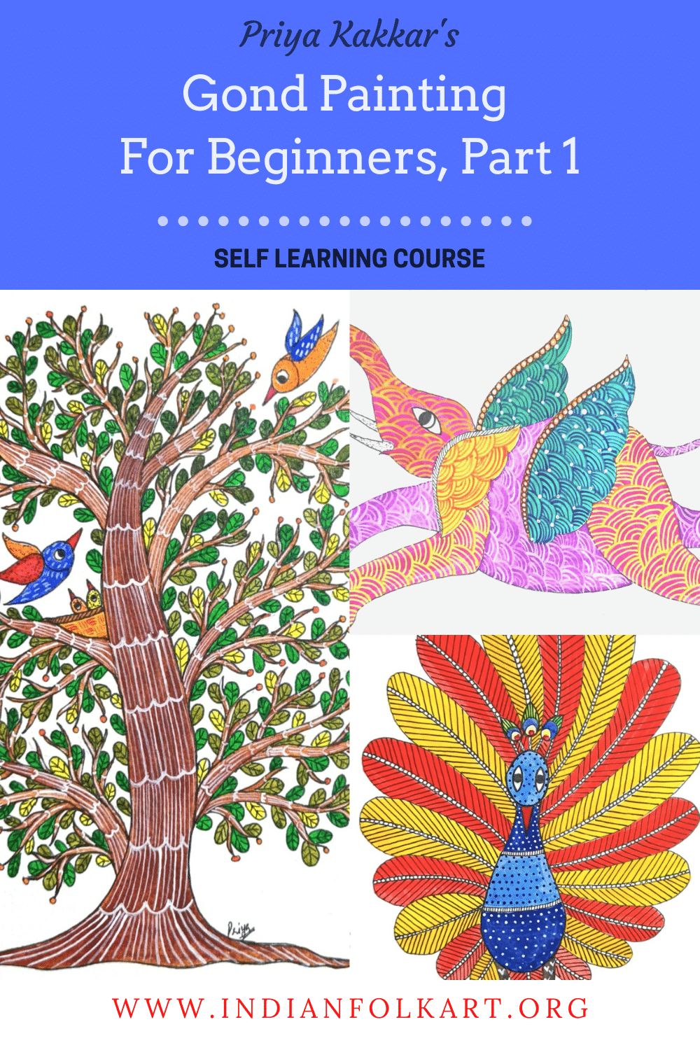 PK02 Gond Art for Beginners, Elephant, Tree and Peacock Painting. [Level 1]